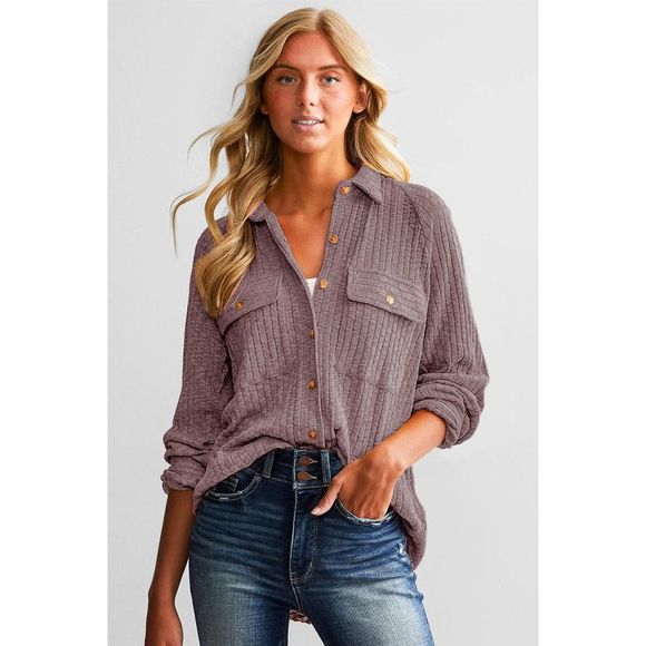 Azura Exchange  Purple Button Flap Pocket Ribbed Knit Shacket - Picture 8 of 15